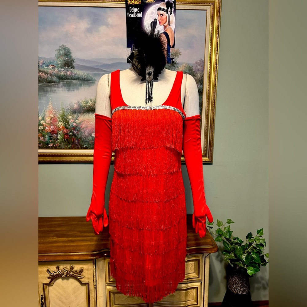 Spirit Red Fringe Silver Sequin Flapper Dress Gloves Black Feather Headband 4PC